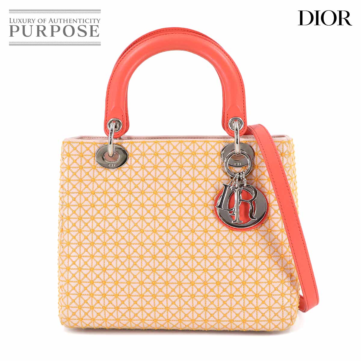 【新品同様】 クリスチャン ディオール Chiristian Dior レディディオール ミディアム 2way ハンド ショルダー バッグ レザー 刺繍 ピンク オレンジ Lady Dior 【中古】