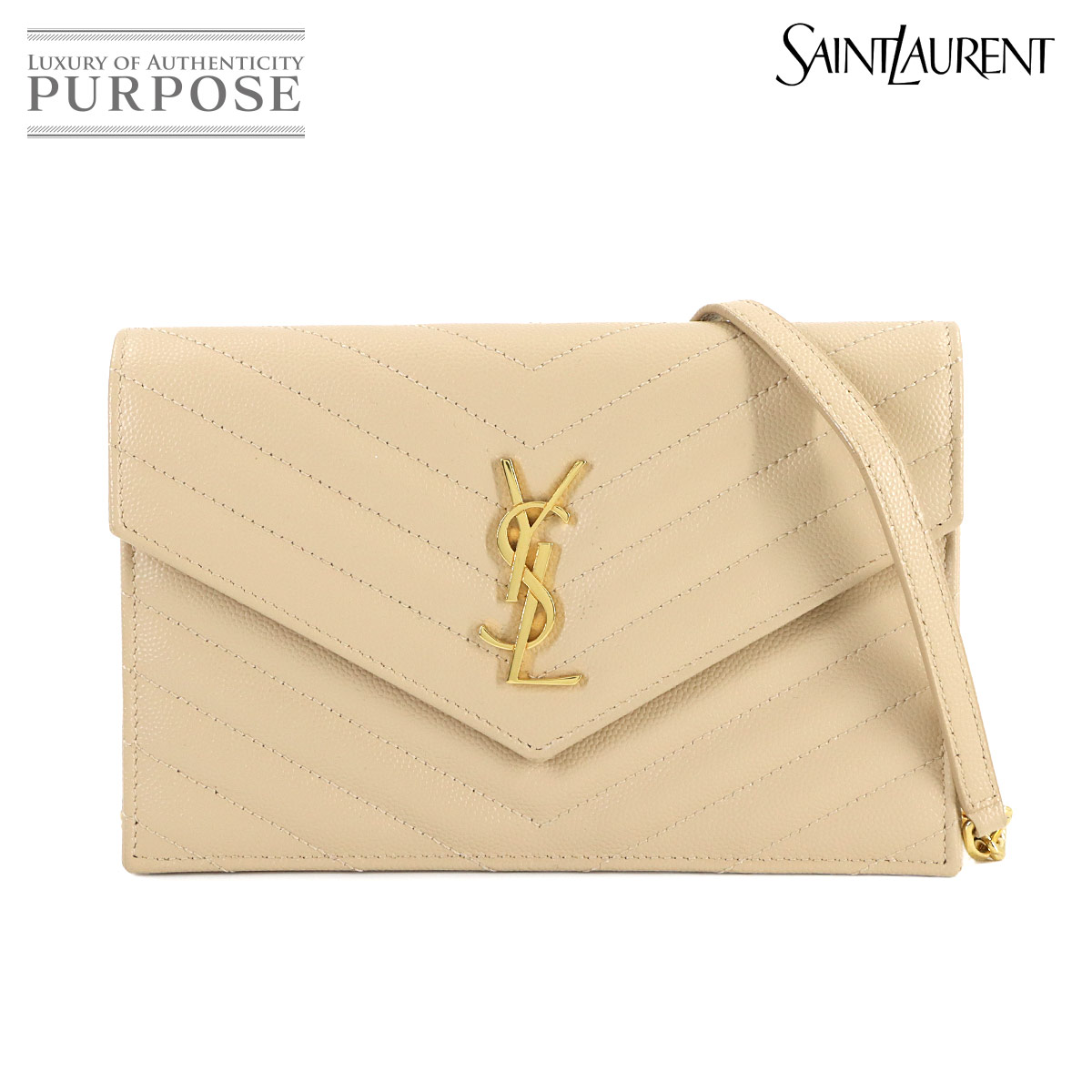 【未当て嵌める 見せびらかす品】 サンローラン SAINT LAURENT カサンドラ 状ぶくろ チェーン店 ウォレット 長金入れ なめし革 ベージュ 393953 ゴールド 金具 Cassandre Envelope Chain Wallet 【中古】