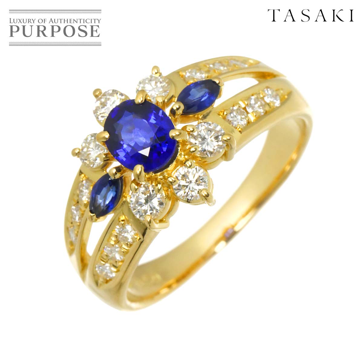 【新品同様】 タサキ TASAKI 13号 リング サファイヤ 0.50ct ダイヤ 0.59ct K18 YG イエローゴールド 750 指輪 Sapphire Ring【中古】