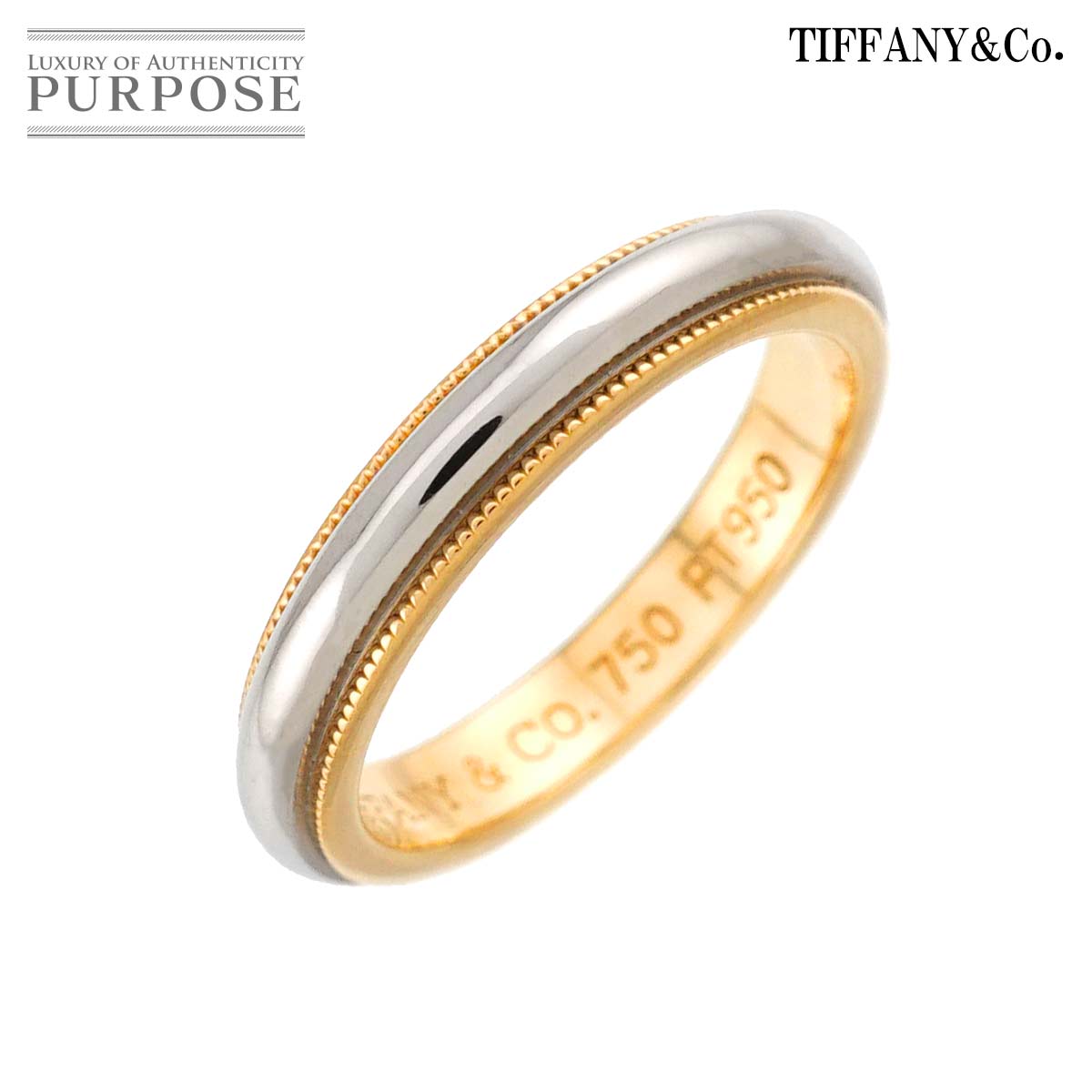 【新品同様】 ティファニー TIFFANY&Co. ミルグレイン バンド 9号 リング 幅3.4mm プラチナ Pt K18 YG 750 指輪 トゥギャザー Milgrain Band Ring【中古】