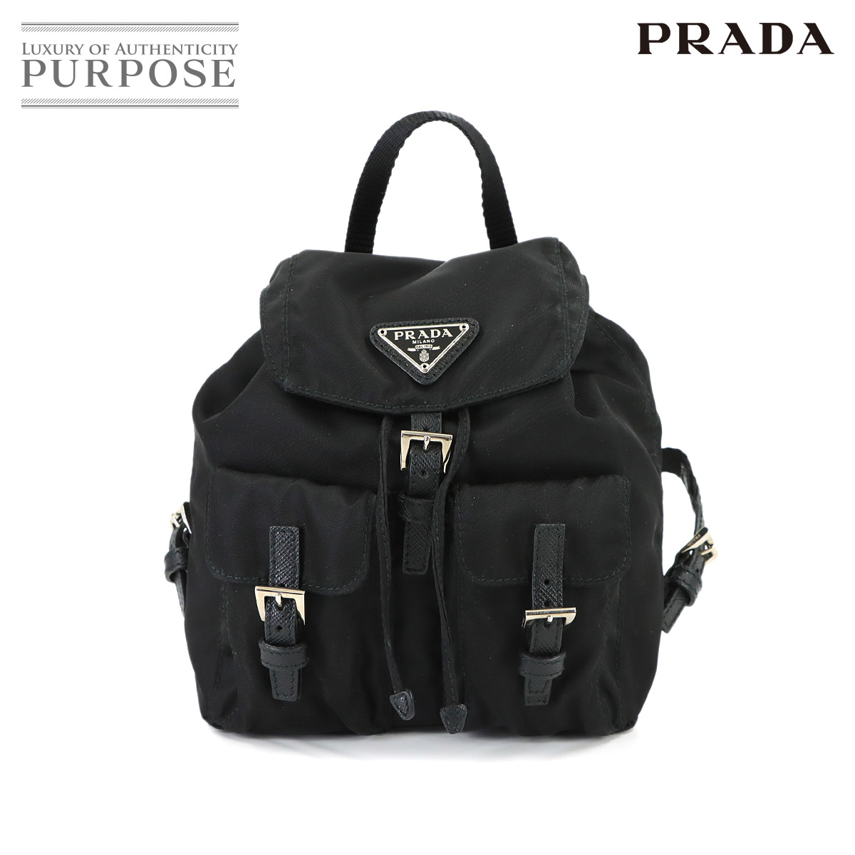 【新品負けず劣らず】 プラダ PRADA うしろ側容器に並べる型 合切袋 ナイロン サフィアーノレザー 黒いこと しろがね色 金具 Pouch 【中古】