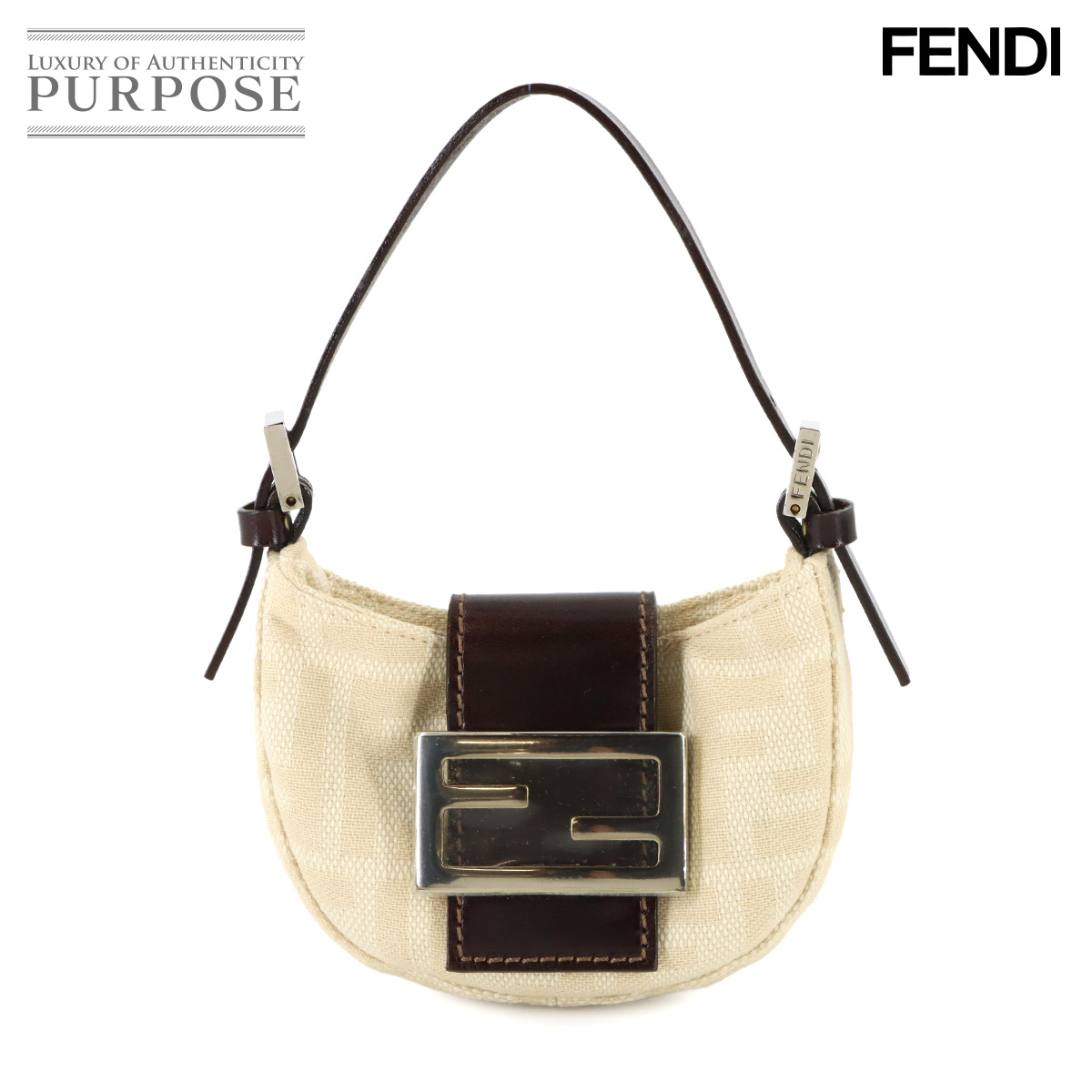 【未当て嵌める 見せびらかす品】 フェンディ FENDI ズッカ ミニ クロワッサン 合切袋 帆布 なめし革 ベージュ 赤銅色 26673 しろがね色 金具 ヴィンテージ Zucca Mini Croissant Bag 【中古】