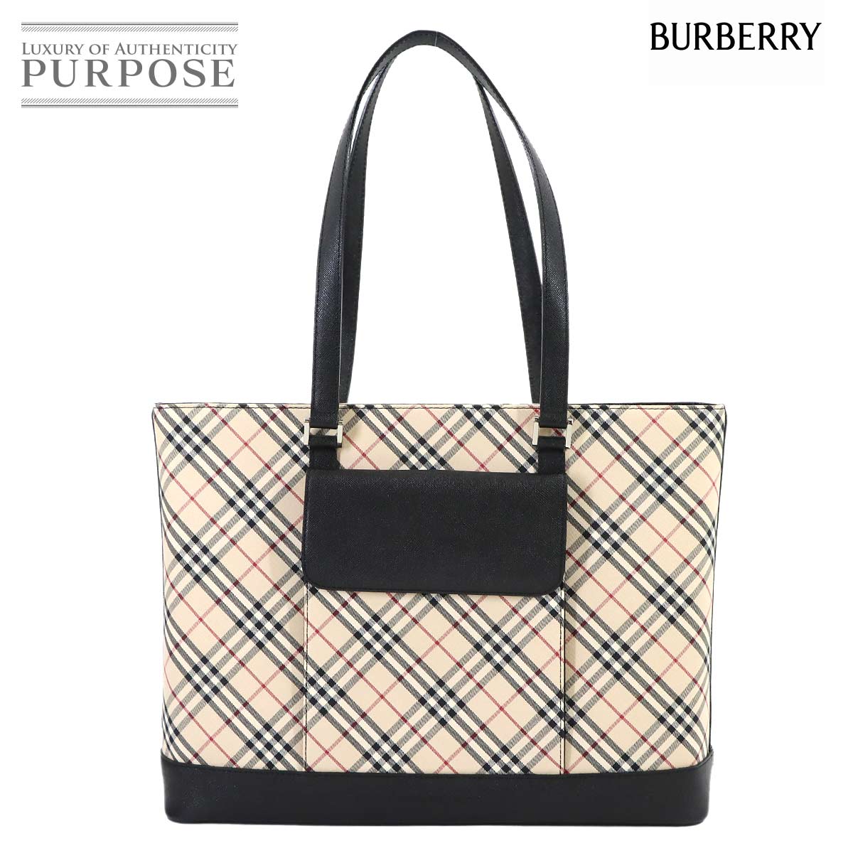 【未当て嵌める 見せびらかす品】 バーバリー BURBERRY ノバチェック トート 御徒面子 帆布 なめし革 ベージュ 黒いこと しろがね色 金具 Tote Bag 【中古】