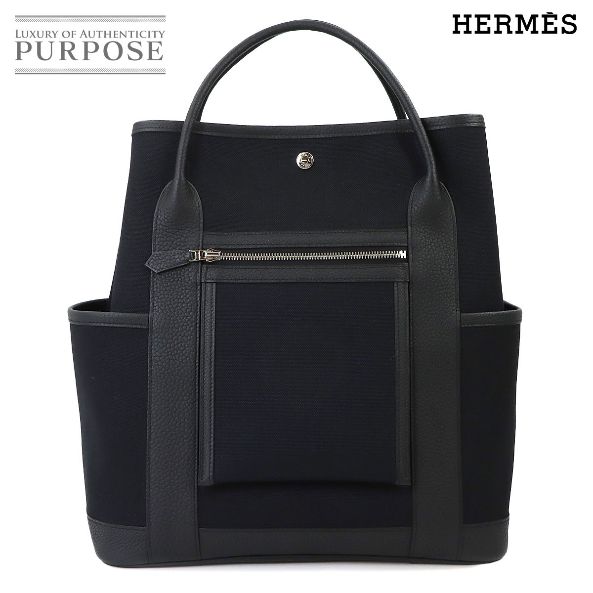 【未当てはめる 見せびらかす品】 エルメス HERMES 園地寄り合い 隠し ヴェルティカル トート 御徒面子 トワルミリタリー ネゴンダ 黒いこと B目じるし Garden Party Pockets Vertical Bag 【中古】