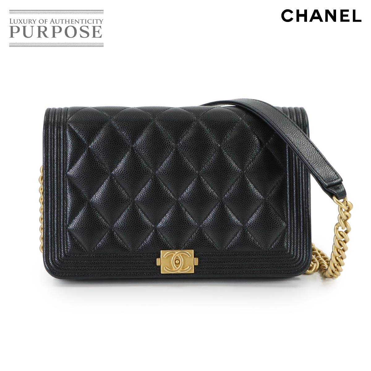 【未当て嵌める 見せびらかす品】 シャネル CHANEL 男の子シャネル チェーン店 ウォレット 長金入れ キャビアひと肌 なめし革 黒いこと AP1117 ゴールド 金具 Chain Wallet 【中古】