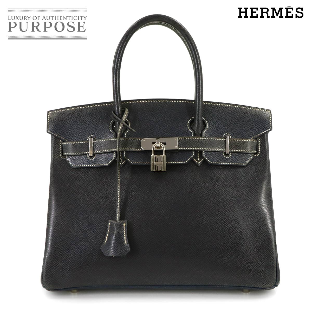 エルメス HERMES バーキン30 リセ ネイビー ハンド バッグ □E刻印 シルバー 金具 Birkin 30 【中古】