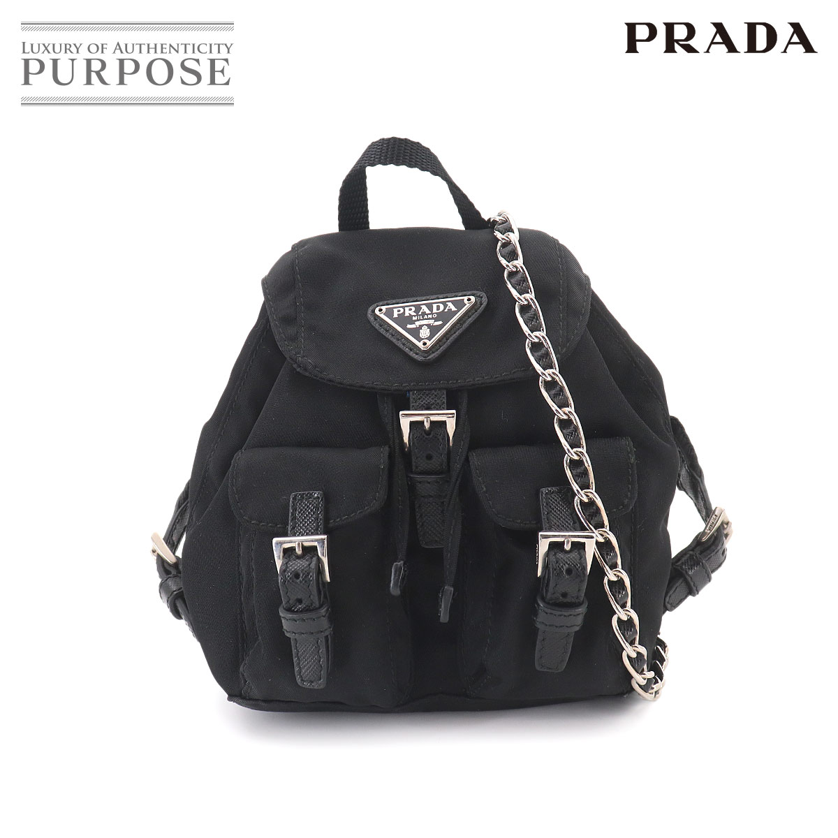 【新品負けず劣らず】 プラダ PRADA ミニ チェーン店 肩肉 御徒面子 ナイロン サフィアーノレザー 黒いこと 背嚢型 BZ0029 しろがね色 金具 Chain Shoulder Bag 【中古】