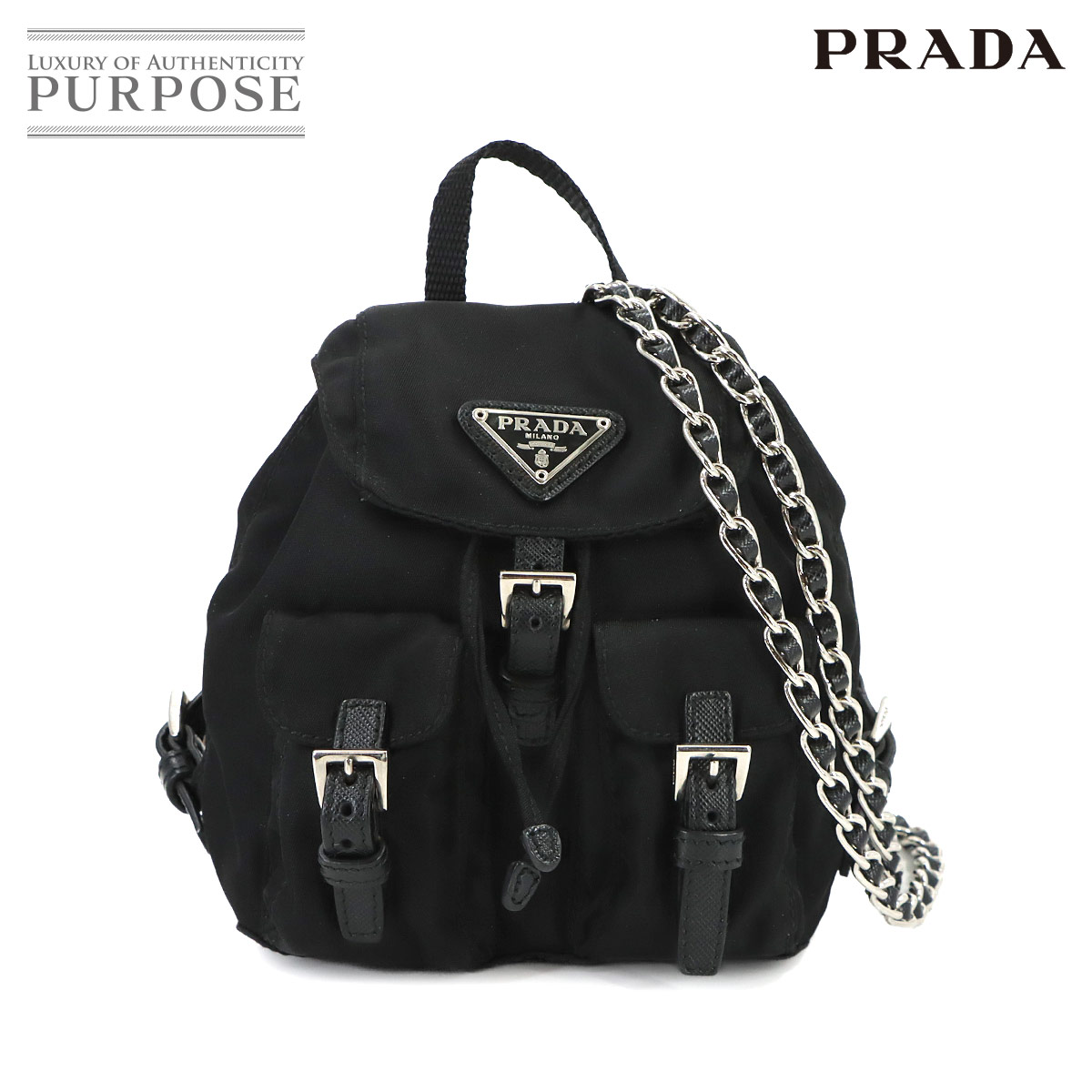 【新品負けず劣らず】 プラダ PRADA ミニ チェーン店 肩部 御徒面子 ナイロン サフィアーノレザー 黒いこと 背嚢型 BZ0029 しろがね色 金具 Chain Shoulder Bag 【中古】