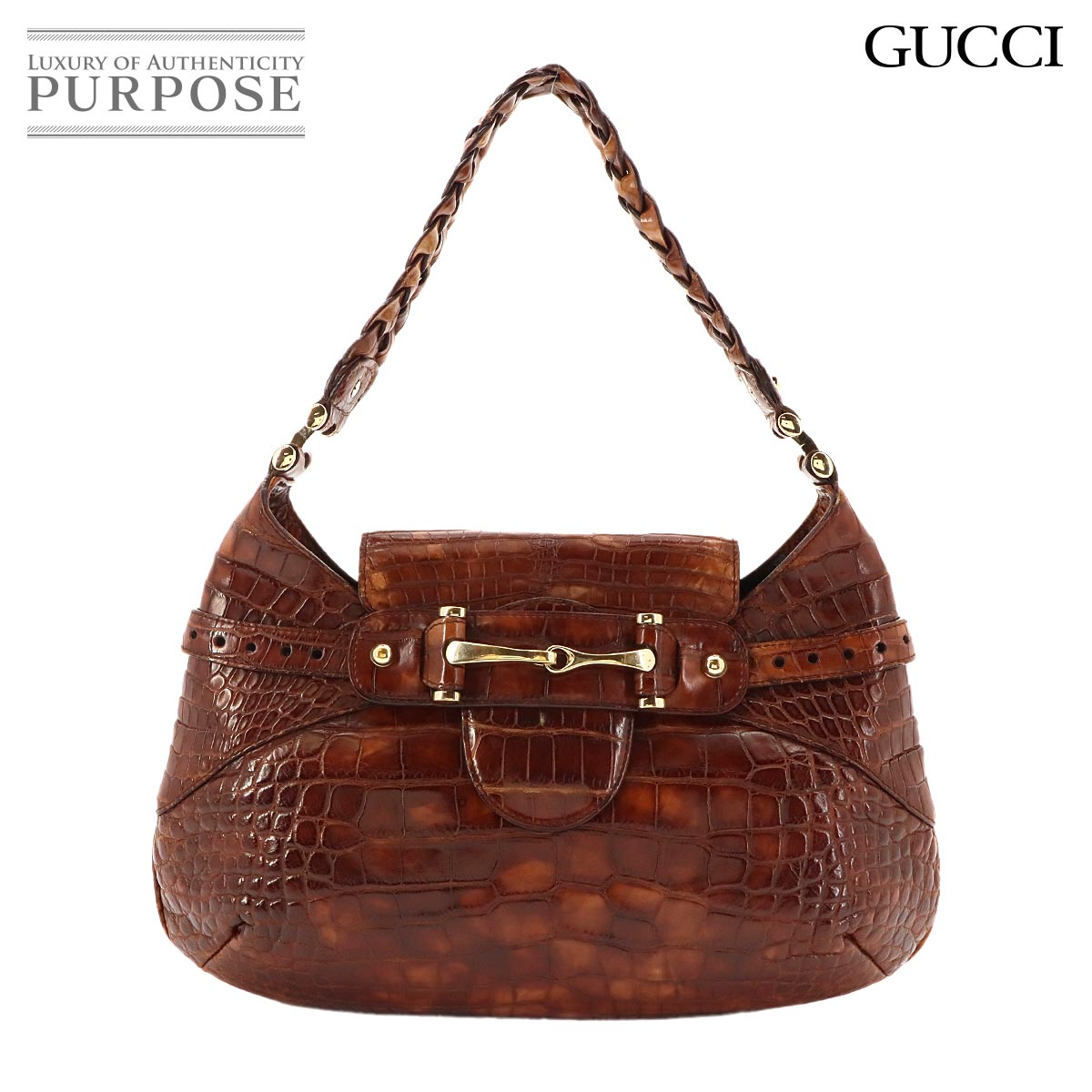 【美品】 グッチ GUCCI ホースビット ショルダー バッグ クロコ型押しレザー ブラウン 137592 Horsebit Shoulder Bag 【中古】｜VINTAGE LOVER PURPOSE