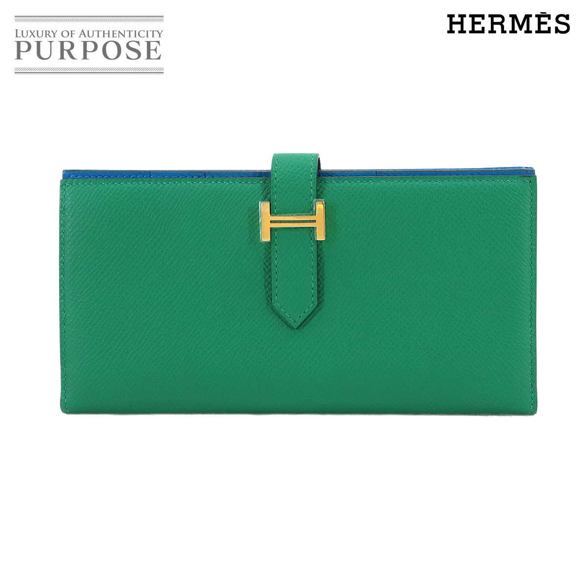 【未当て嵌める 見せびらかす品】 エルメス HERMES ベアンスフレ ヴェルソ 二つ折り 長金入れ エプソン ヴェールジェイド ブルーザンジバル W目じるし ゴールド 金具 Bearn Soufflet Verso 【中古】