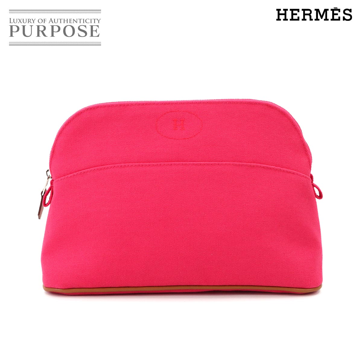 【未当て嵌める 見せびらかす品】 エルメス HERMES ボリード 合切袋 MM 綿織物帆布 なめし革 ハイビスカス しろがね色 金具 Bolide Pouch 【中古】