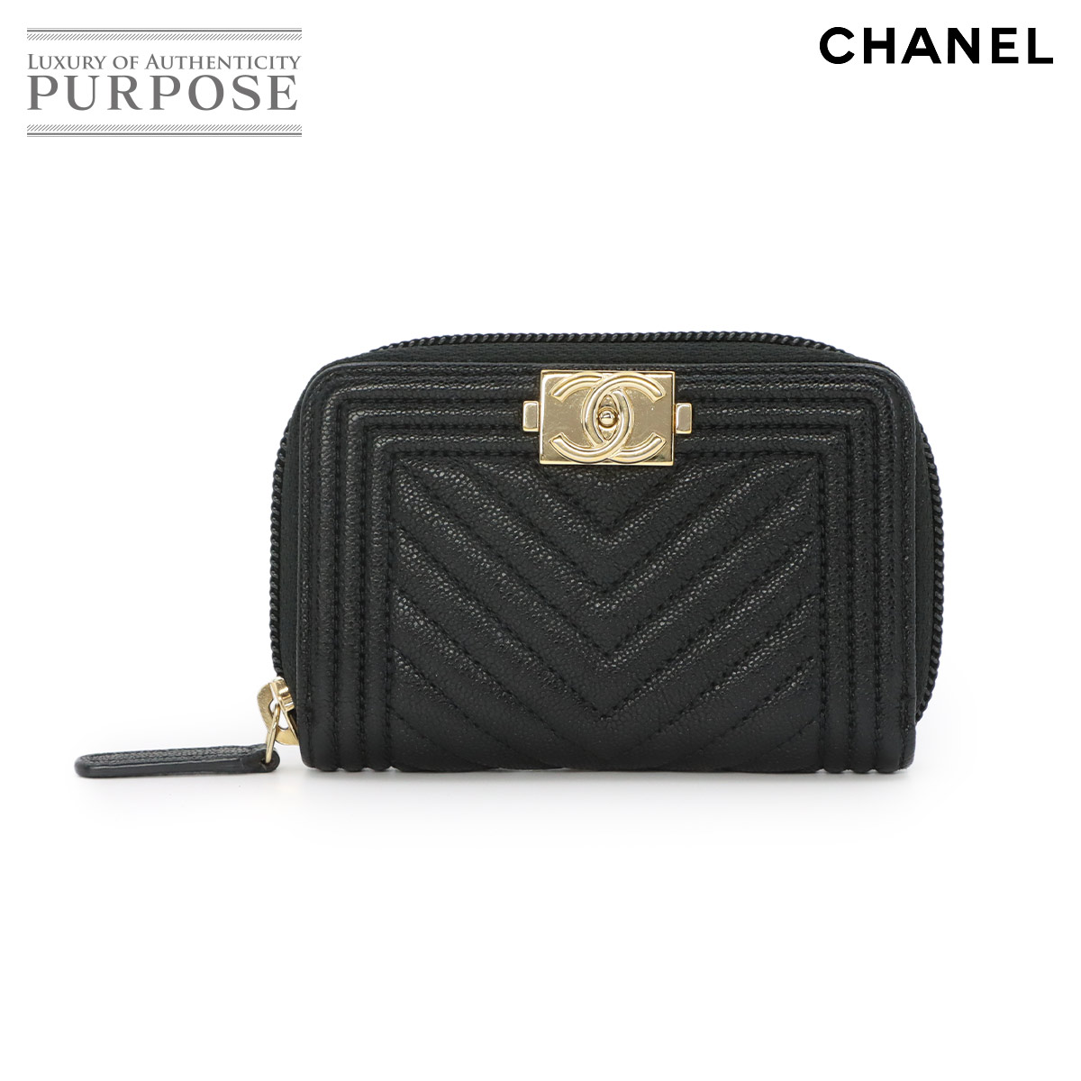 シャネル CHANEL 男の子シャネル ジップ 鋳貨銭入れ 御釣り入れ キャビア素はだ なめし革 黒いこと A80602 ゴールド 金具 Coin Purse 【中古】
