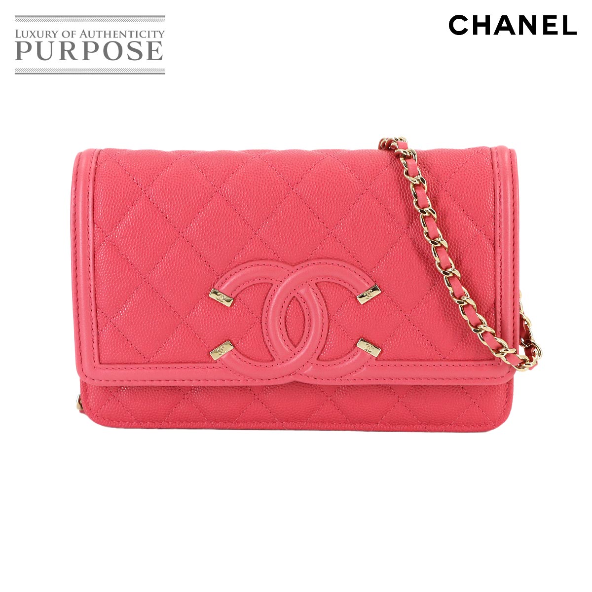 【未当て嵌める 見せびらかす品】 シャネル CHANEL CCフィリグリー チェーン店 ウォレット 長札入れ キャビア素はだ サクラ色 A84451 ゴールド 金具 Chain Wallet 【中古】