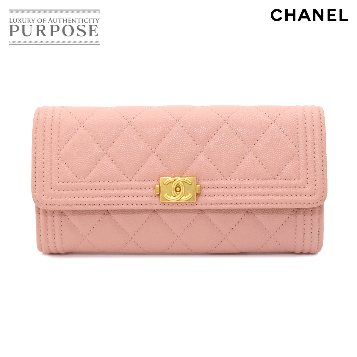 シャネル CHANEL 男の子シャネル マトラッセ 二つ折り 長銭入れ キャビア人はだ サクラ色 A80286 ゴールド 金具 Boy chanel Long Wallet 【中古】