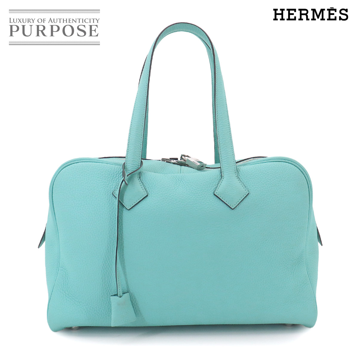 【新品負けず劣らず】 ヴィクトリア2 35 エルメス HERMES お手て 御徒面子 トリヨンクレマンス ブルーサンシール X目じるし しろがね色 金具 Victoria 【中古】