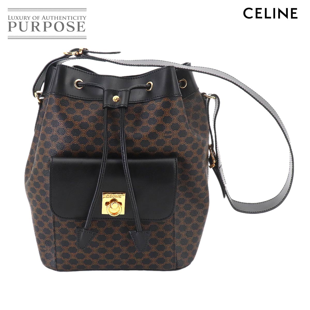 【新品負けず劣らず】 セリーヌ CELINE マカダム 合切袋 肩肉 御徒面子 PVC なめし革 黒いこと 赤銅色 ゴールド 金具 ヴィンテージ Macadam Shoulder Bag 【中古】