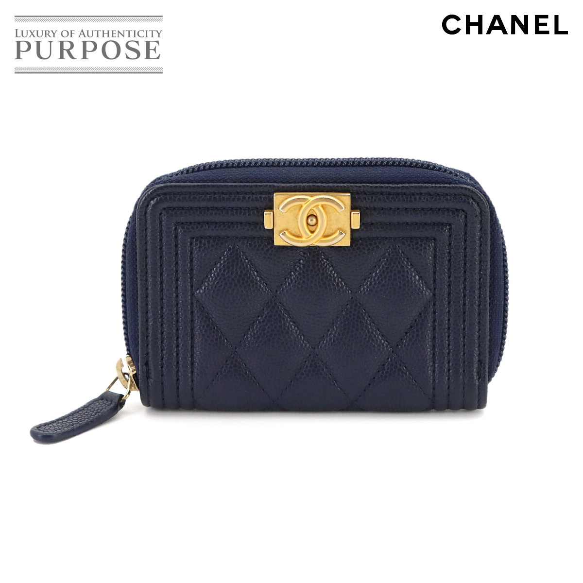 【新品負けず劣らず】 シャネル CHANEL 男の子シャネル ジップ 鋳貨金入れ 釣り銭入れ キャビアひと肌 なめし革 米国海軍 A80602 ゴールド 金具 Coin Purse 【中古】