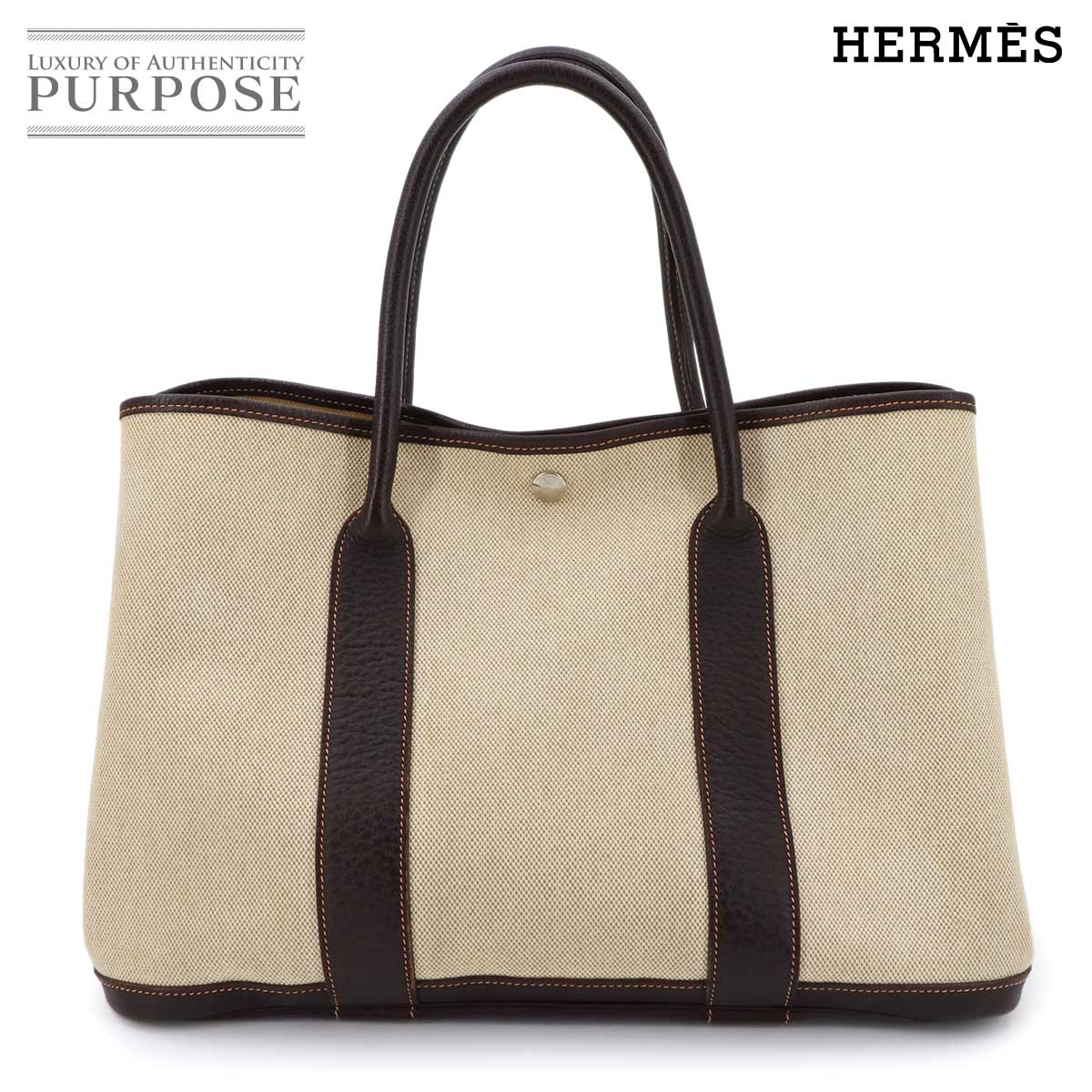 エルメス HERMES 苑地寄りあい 36 PM トート 御徒面子 トワルアッシュ なめし革 自然的 マロン □H目じるし しろがね色 金具 Garden Party PM 【中古】