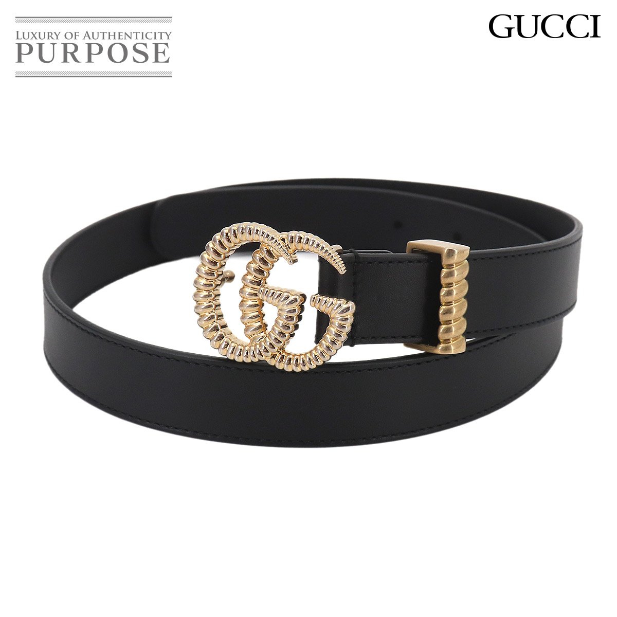 【新品負けず劣らず】 グッチ GUCCI ダブルG 胴締め なめし革 黒いこと 524103 75 ゴールド 金具 Belt 【中古】