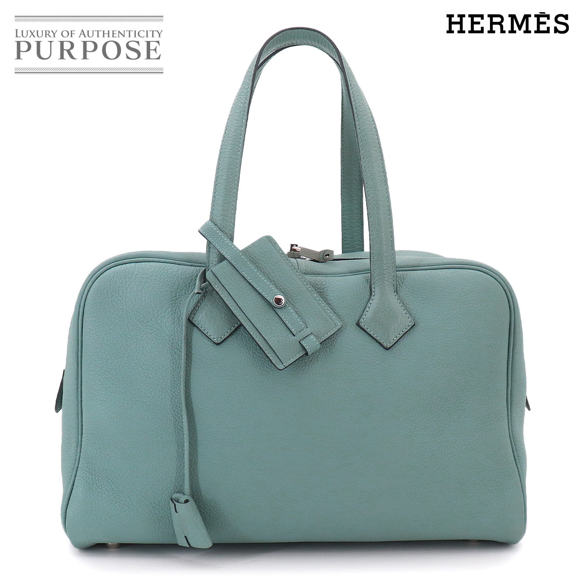 【新品負けず劣らず】 ヴィクトリア 35 エルメス HERMES お手て 御徒面子 トリヨンクレマンス シエル □M目じるし しろがね色 金具 Victoria 35 【中古】
