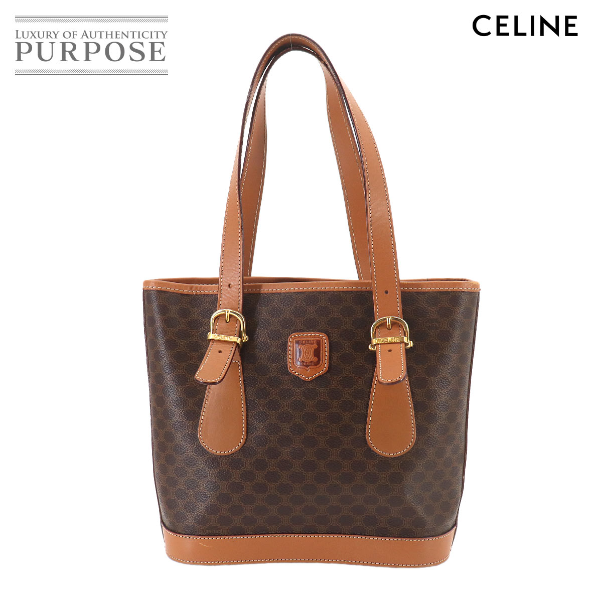 【美品】 セリーヌ CELINE マカダム お手て 御徒面子 PVC なめし革 赤銅色 ゴールド 金具 ヴィンテージ Macadam Bag 【中古】