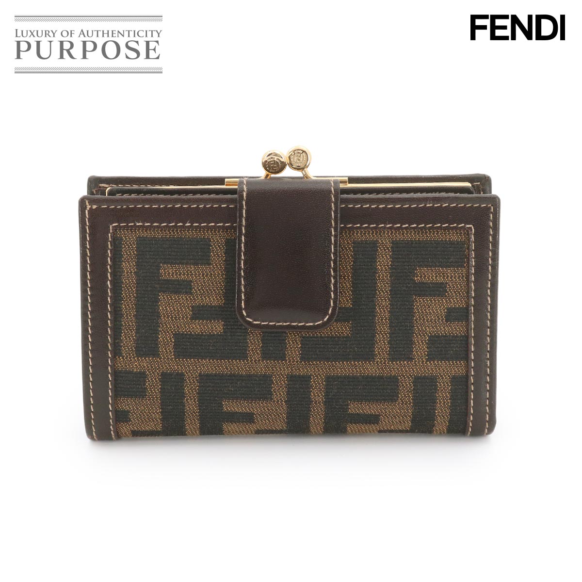【新品負けず劣らず】 フェンディ FENDI ズッカ 蝦蟇口 二つ折り 紙入れ 帆布 なめし革 赤銅色 黒いこと 2251 01692 079 ゴールド 金具 Zucca Wallet 【中古】