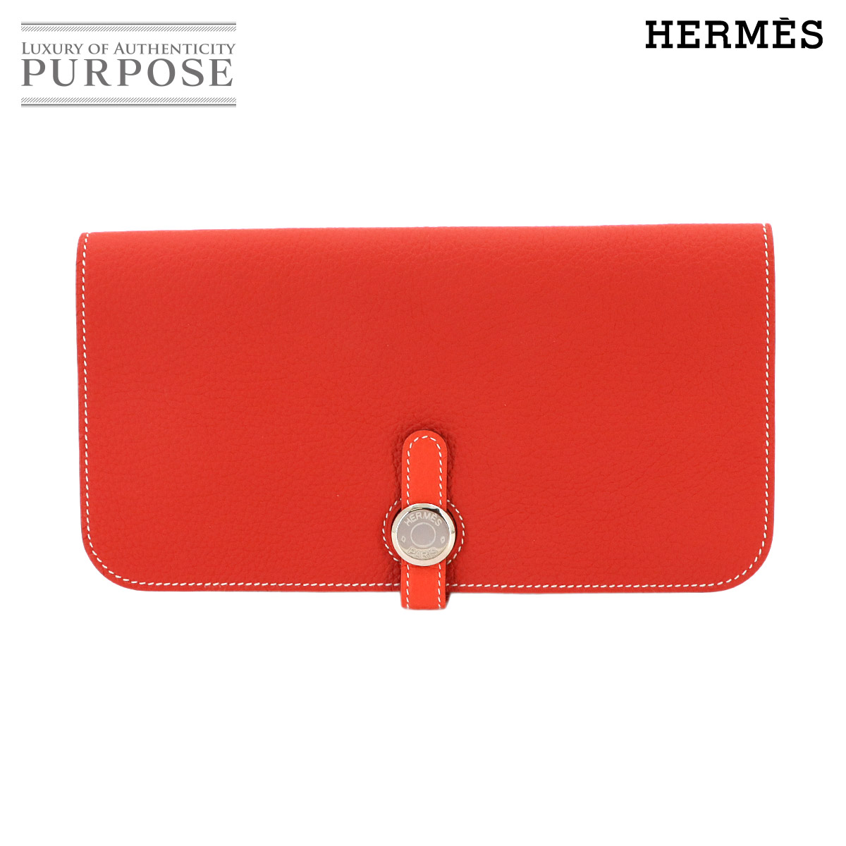 【未当て嵌める 見せびらかす品】 エルメス HERMES ドゴンロング 二つ折り 長金入れ トゴ ゼラニウム カプシーヌ □Q目じるし しろがね色 金具 Dogon Long Wallet 【中古】