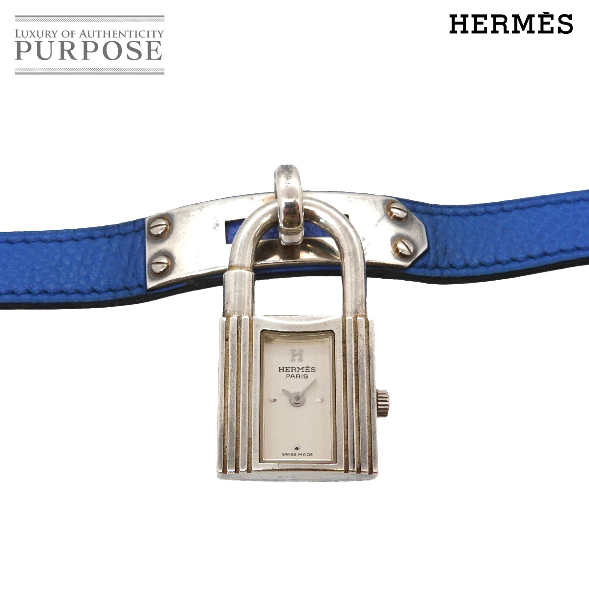 エルメス HERMES ケリーウォッチ ヴィンテージ レディース ウォッチ しろがね色 SV925 青色 なめし革 石英 御覧なさる カデナ Kelly Watch 【中古】