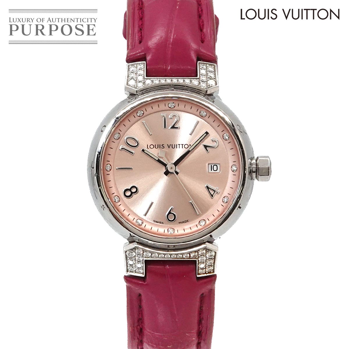 ルイ ヴィトン LOUIS VUITTON タンブール ブラッシュディアモン PM Q121Y 12P 引っ敷き 金剛石 レディース ウォッチ サクラ色 石英 御覧なさる Tambour 【中古】
