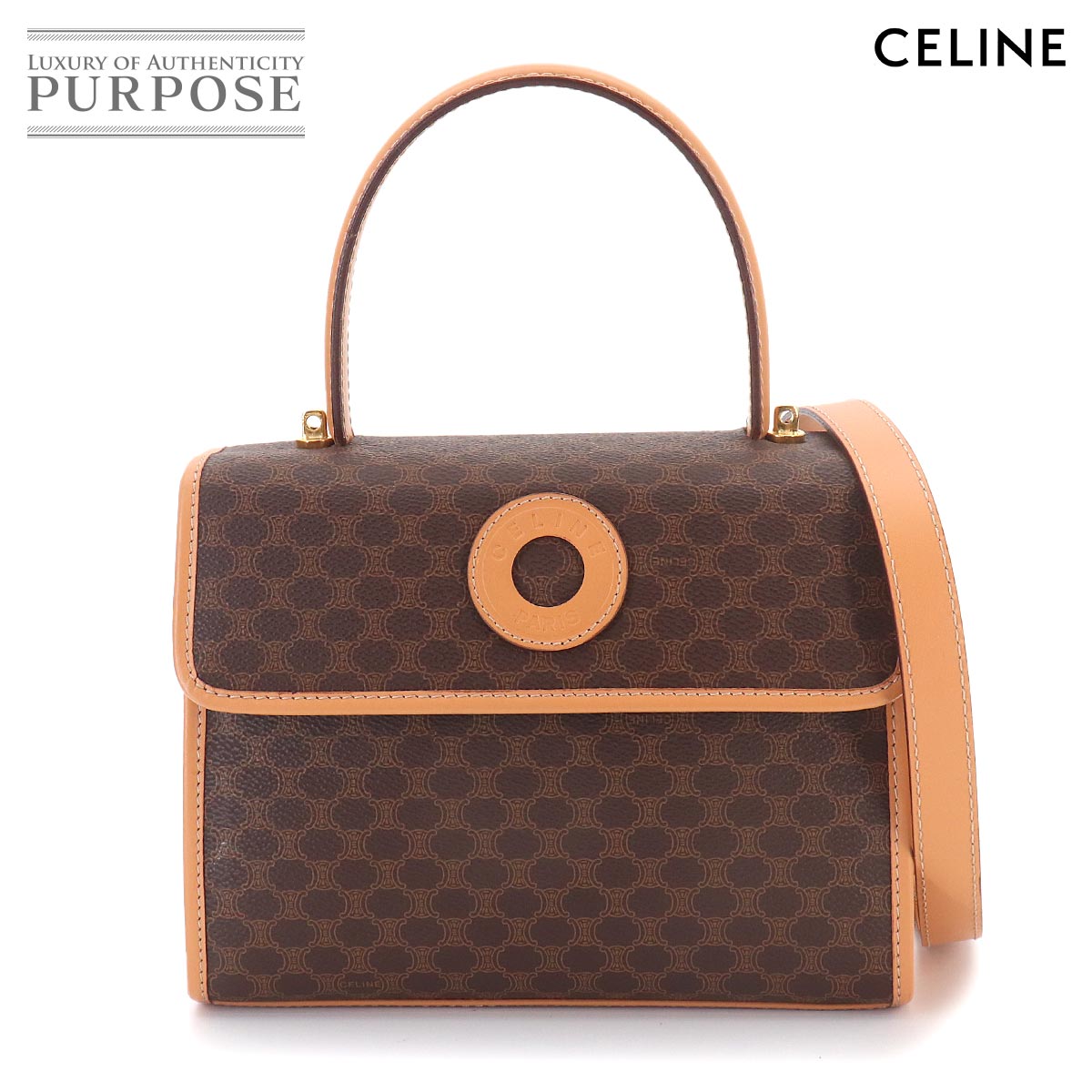 セリーヌ CELINE マカダム柄 2way ハンド ショルダー バッグ PVC レザー ブラウン ゴールド 金具 ヴィンテージ Macadam Hand Bag 【中古】｜VINTAGE LOVER PURPOSE