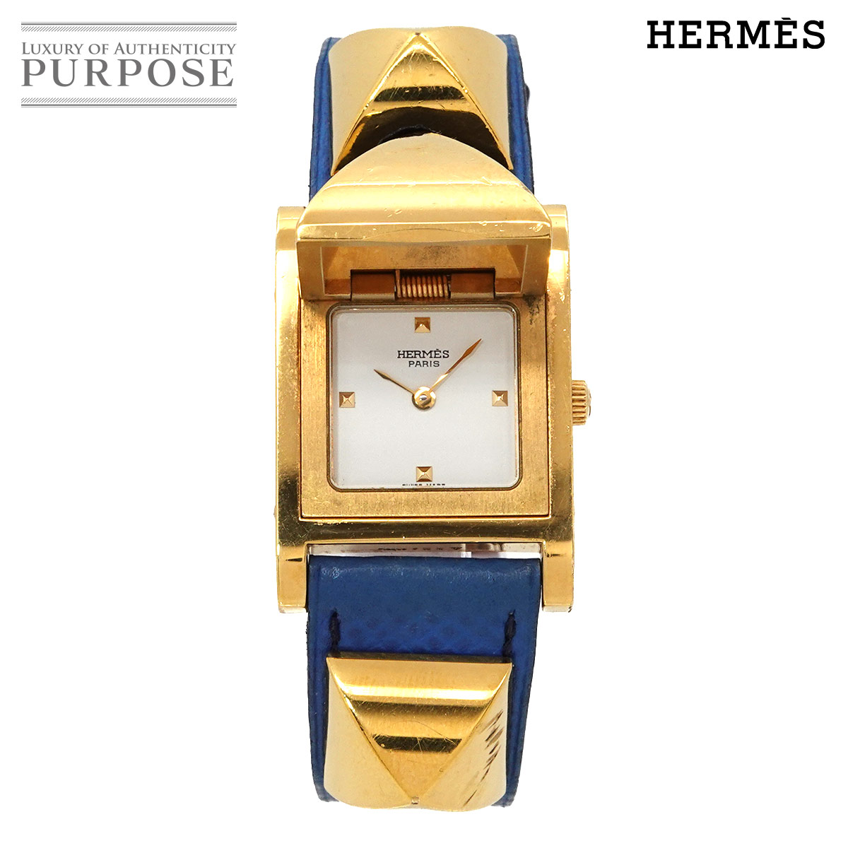 エルメス HERMES メドール ヴィンテージ レディース ウオッチ 金字塔 ゴールド スタッズ 白いこと 青碧 なめし革 石英 御覧になる Medor 【中古】