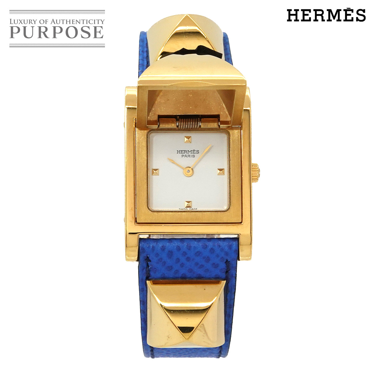 エルメス HERMES メドール ヴィンテージ レディース ウォッチ 金字塔 ゴールド スタッズ 白いこと 青色 なめし革 石英 御覧なさる Medor 【中古】