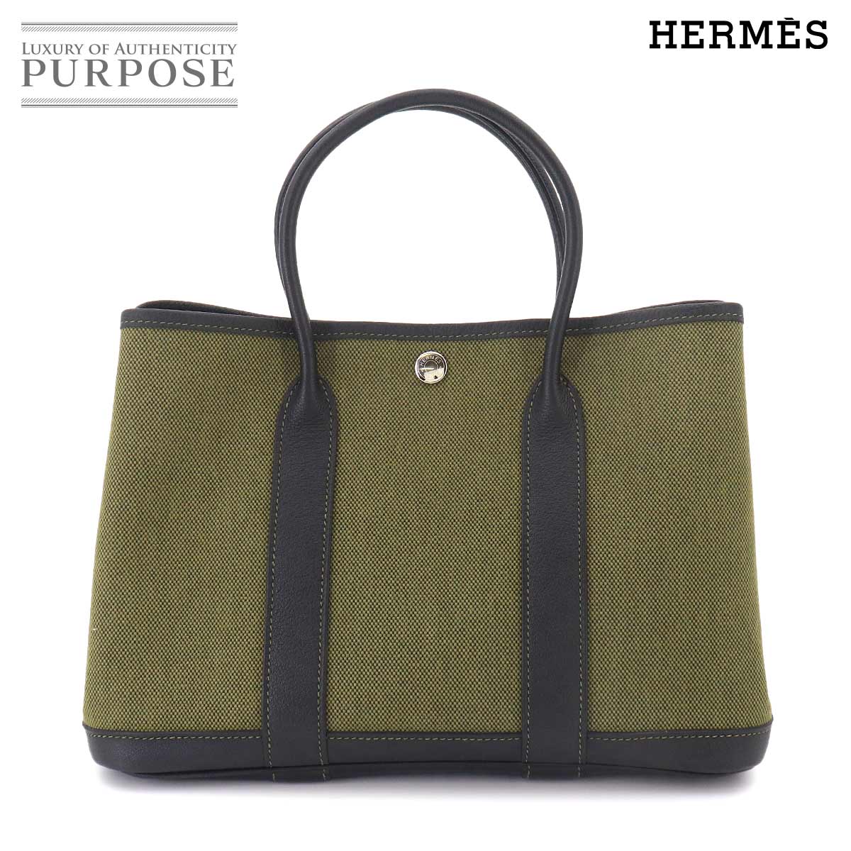 【新品負けず劣らず】 苑地寄りあい TPM エルメス HERMES トート 御徒面子 トワルアッシュ なめし革 カーキ 黒いこと □P目じるし しろがね色 金具 Garden Party 【中古】