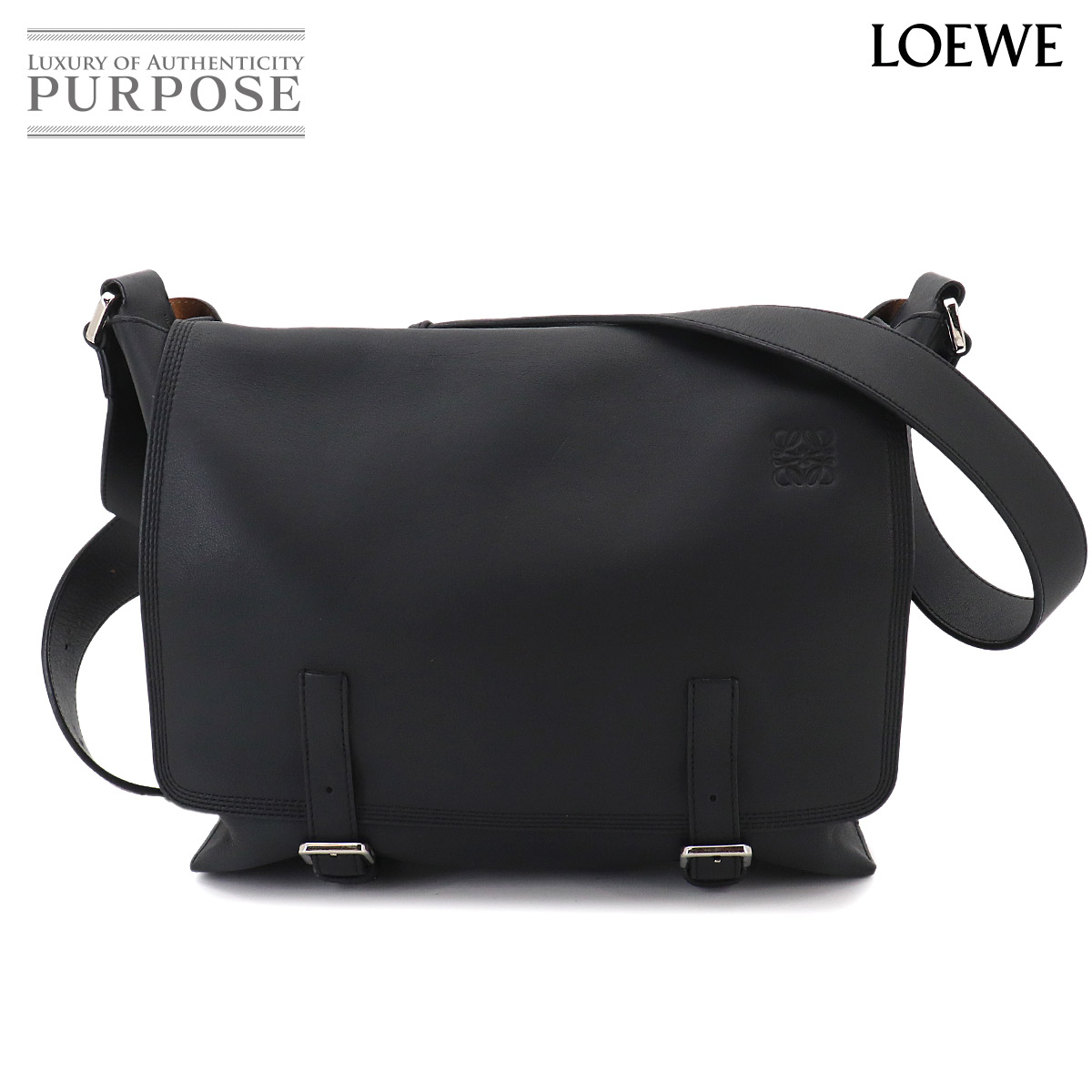 【美品】 ロエベ LOEWE ミリタリー メッセンジャー ショルダー バッグ レザー ブラック シルバー 金具 337 02 N64 Military Messenger Bag 【中古】｜VINTAGE LOVER PURPOSE