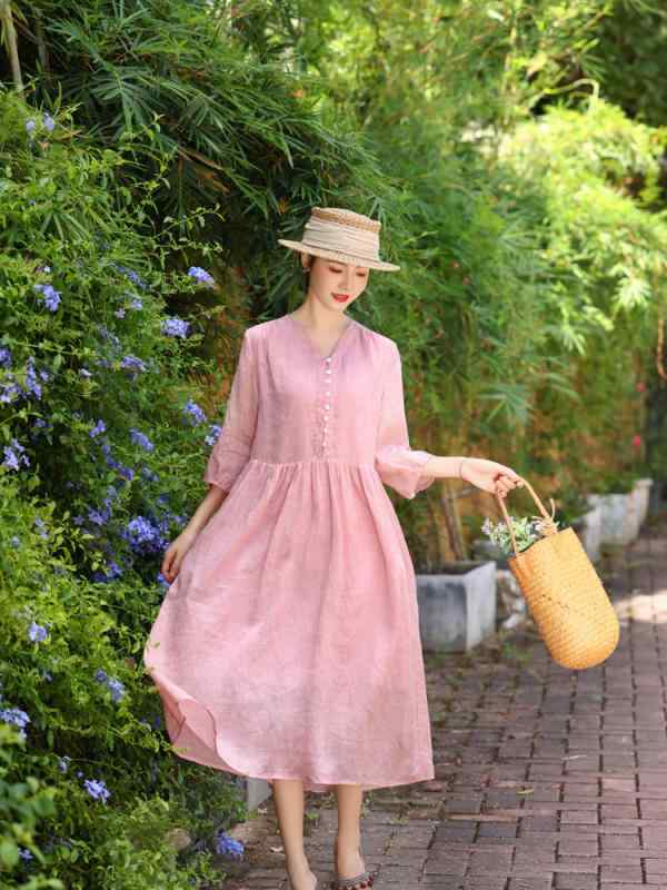 ワンピース レディース ?麻 麻 リネン 花柄 フラワー プリント Vネック 七分袖 パフスリーブ バルーンスリーブ ボリューム袖 涼しい 清涼感 飄逸 ひらひら Aライン フレア ロング マキシ 膝下 カジュアル フェミニン ナチュラル｜GRATIQUE MIEI 10,352円