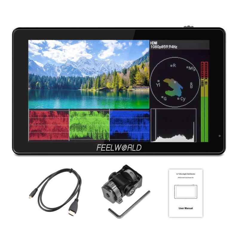 FEELWORLD LUT5 5.5インチ超高輝度 3000nitタッチスクリーン DSLRカメラフィールドモニター、F970外部電源およびインストールキット4KHDMI入力出力1920X1080IPSパネル
