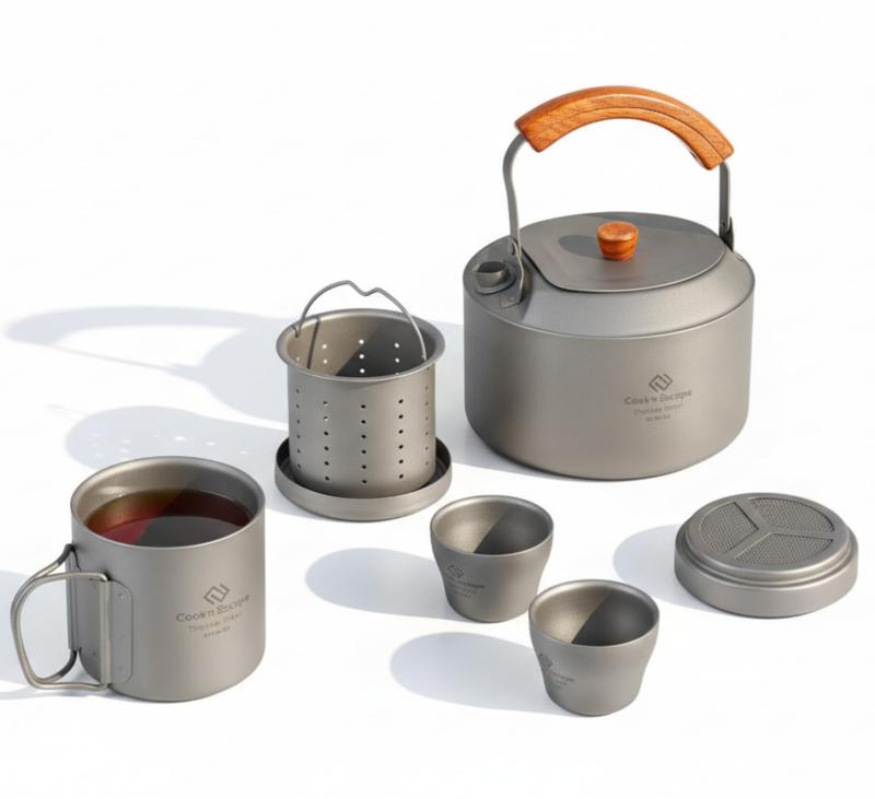 COOK'N'ESCAPE チタン コーヒー＆ティーセット 8点 軽量 コンパクト収納 ティーポット ケトル＆フィルター付き 直火対応 二重構造マグ付 アウトドア キャンプ ソロキャンプ 防災にも