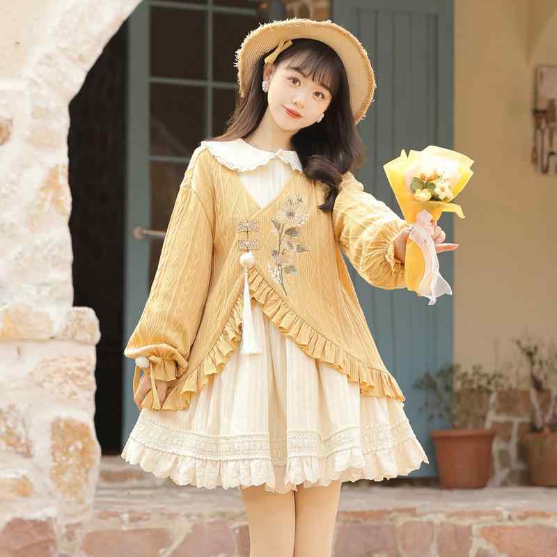 ワンピース レディース セットアップ 長袖 ジャケット チャイナドレス チャイナ風 漢服 中華風 カジュアル レトロ ひまわり 刺繍 切り替え ロング丈 春秋 2|GRATIQUE MIEI
