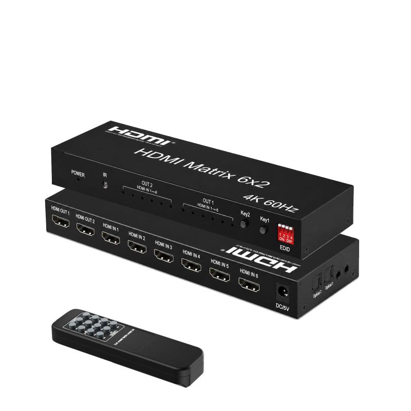 HDMI 2.0 マトリックス スイッチ 6入力2出力 セレクター スプリッター HDMI 2.0 切替器 分配器 HDMI Matrix 6x2 + 音声分離(光デジタル・3.5mmステレオミニ音声出力) HDMI 2.0 HDCP2.3 RGB 4K｜GRATIQUE MIEI 7,998円
