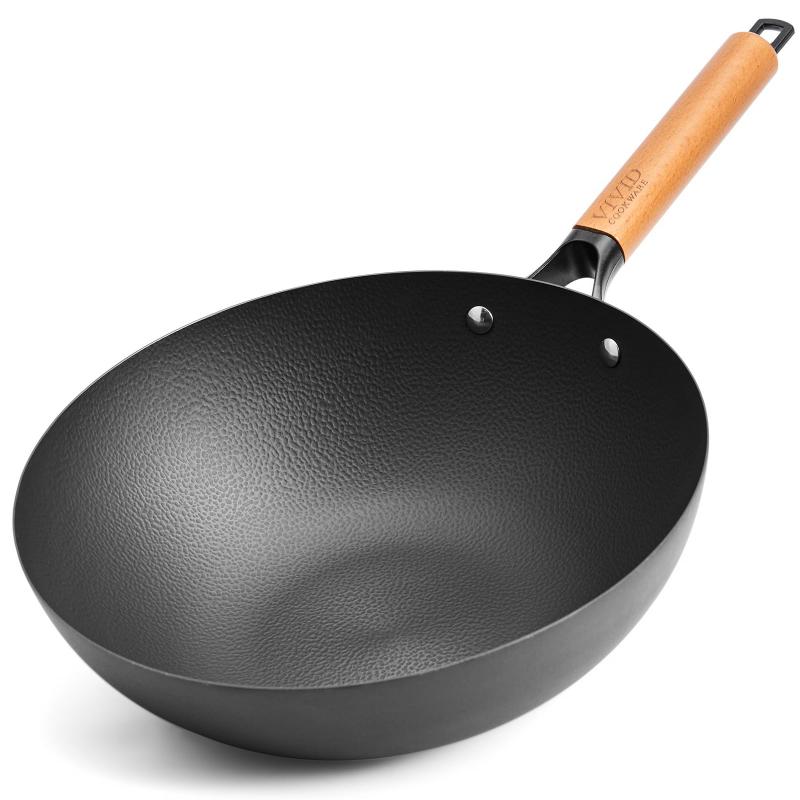 VIVIDCOOKWARE 12.6インチ カーボンスチール中華鍋 平底炒め鍋 木製ハンドル付き 伝統的な中国の鉄製調理器具 ガス・電気・電磁調理器対応｜GRATIQUE MIEI