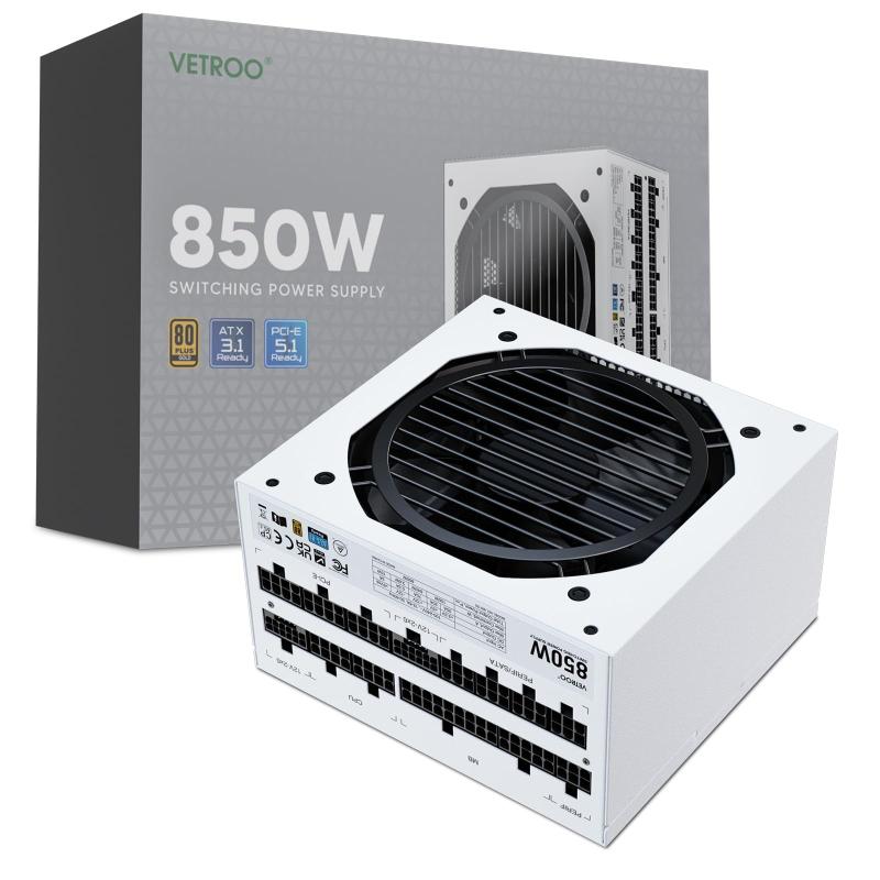 Vetroo 850 w電源デュアルpcie 5.1 atx 3.1対応、80 plus goldフルモジュラ、静音動作、120mm fdbファン、10年-ホワイト|GRATIQUE MIEI