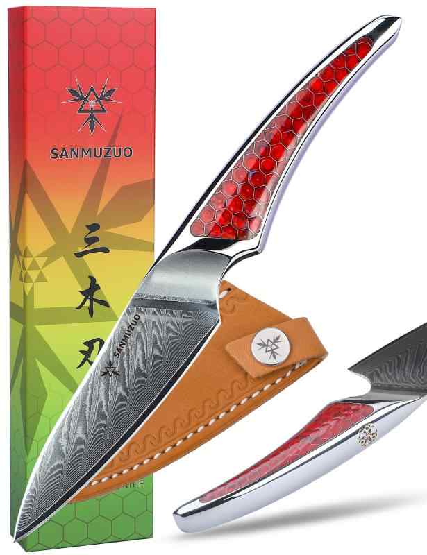SANMUZUO シェフナイフ、超鋭利ダマスカス鋼キッチンナイフ、フルタングハンドル付きフルーツナイフ、レッドレジン、LA-S9 シリーズ|GRATIQUE MIEI