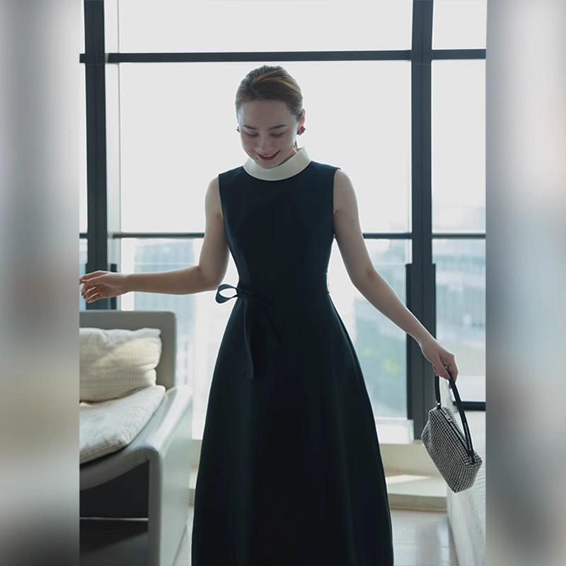 ワンピース レディース ノースリーブ ひざ丈 ミモレ丈 Aライン 切り替え バイカラー レトロ ヘップバーン風 着痩せ スリム エレガント 上品 披露宴 二次会 お呼ばれ パーティードレス フォーマル ブラック ホワイト ブラック ブラック|GRATIQUE MIEI