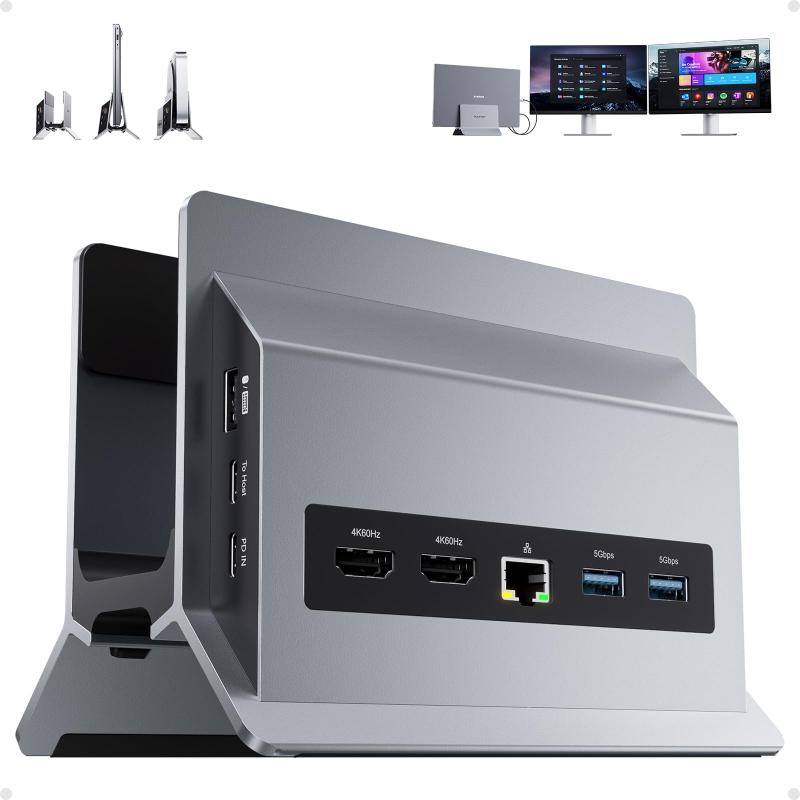 PULWTOP ノートパソコンドッキングステーション デュアルモニター、11 in 1 垂直 USB C ドックスタンド、HDMI 2 4K 60Hz、USBA/C 10Gbps 3ポート、USBA 5Gbps 2ポート、USB-A 2.0、イーサネット|GRATIQUE MIEI