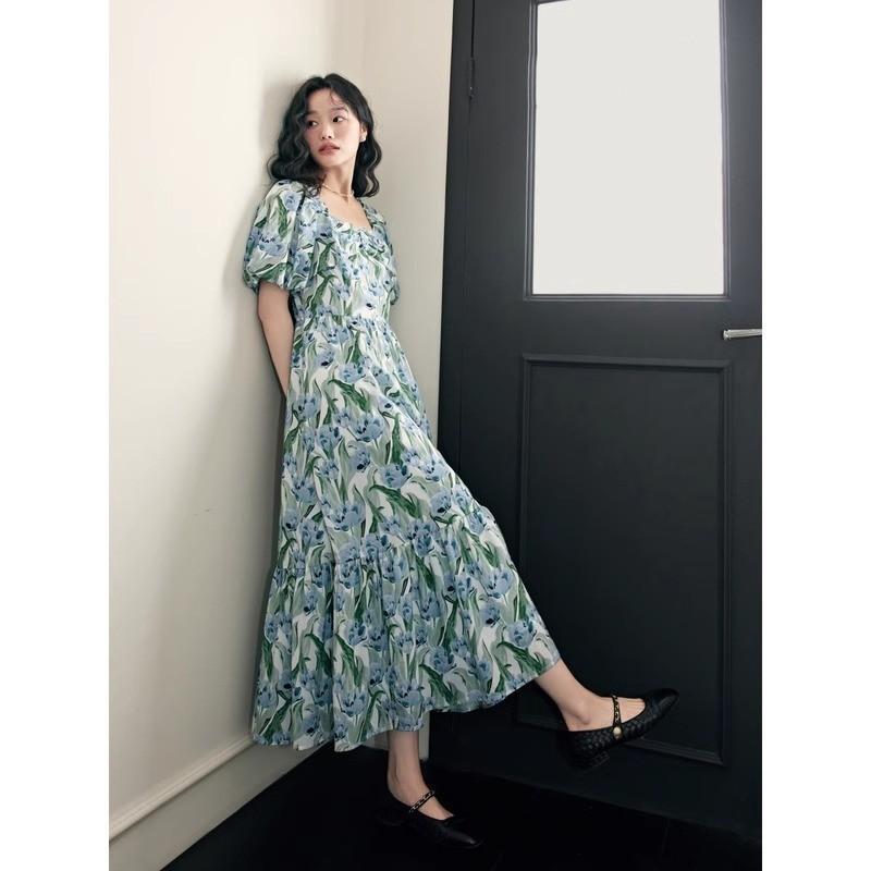 ワンピース レディース フレンチスリーブ 花柄 Aライン スクエアネック 半袖 ロング丈 マキシ丈 レトロ ヴィンテージ風 エレガント リゾート 旅行 デート フェミニン ドレス 上品 華やか 総柄 サマードレス｜GRATIQUE MIEI 8,000円