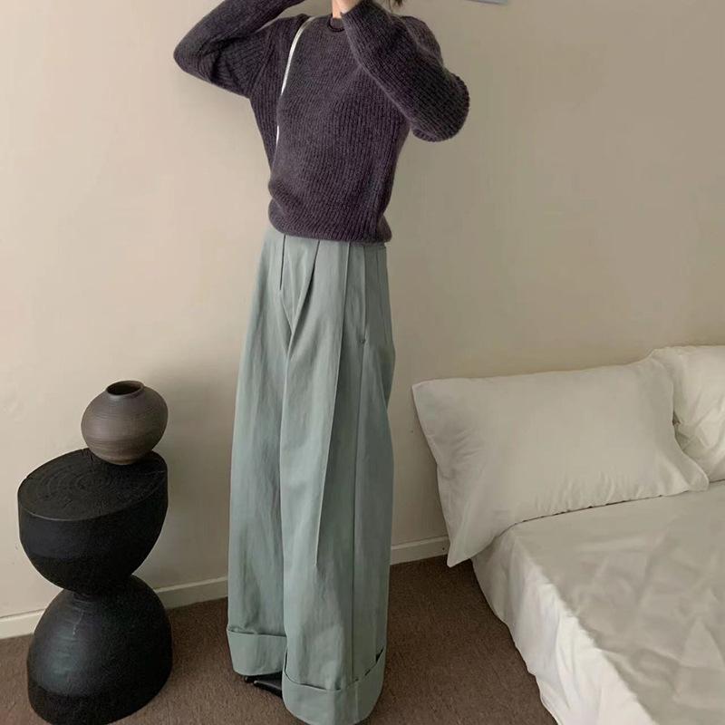 カジュアルパンツ レディース 春秋 シンプル 日常 通勤 ワイドパンツ ハイウエスト 美脚 脚長 ロング丈 ストレート ゆるパン ボトムス ズボン 女性用 婦人服 無地 普段使い 着痩せ ベーシック 通学 カジュアル スタイル｜GRATIQUE MIEI