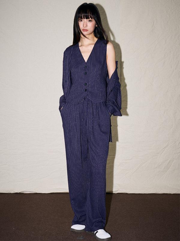 長パンツ レディース 秋物 秋冬 リネン 亜麻 ストライプ柄 直筒 ストレートパンツ ロング丈 ボトムス ズボン 楽ちん ゆったり カジュアル オフィス 通勤 普段使い 伸縮性なし 通気性 ナチュラル ベージュ グレー｜GRATIQUE MIEI