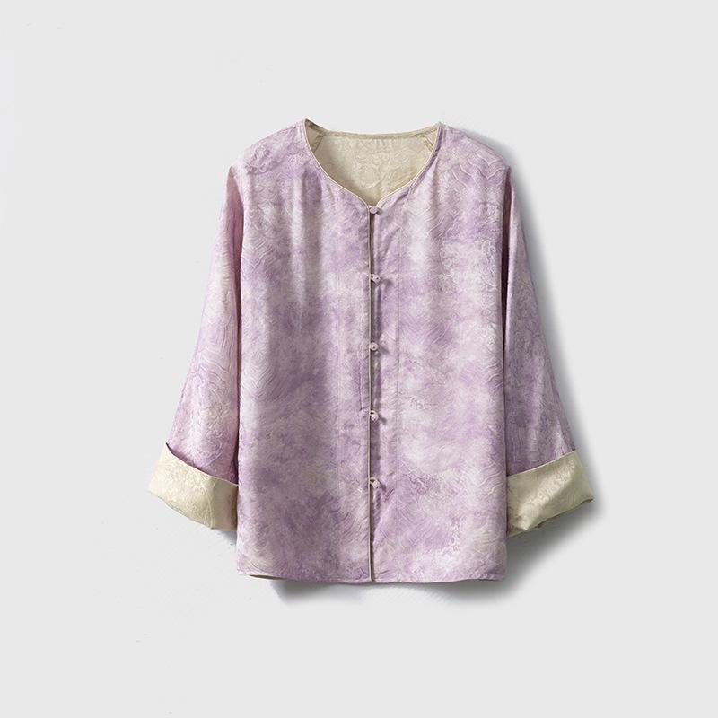 ジャケット レディース アウター カーディガン 桑蚕? シルク 真? リバーシブル ダブルフェイス 草木染め 提花 ジャガード 花柄 中式 新中式 チャイナ風 上品 エレガント 軽やか 羽織り トップス 長袖 丸首|GRATIQUE MIEI