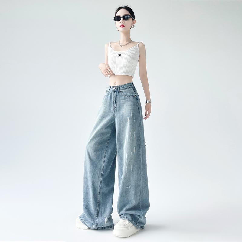 デニムパンツ レディース ジーパン ジーンズ ロングパンツ ワイドパンツ ハイウエスト ダメージ加工 クラッシュ クラッシュデニム 穴あき 水洗 ウォッシュ加工 ゆるめ ルーズ 骨格ウェーブ 着痩せ 脚長効果 カジュアル ボトムス 港風 ストリート スタ｜GRATIQUE MIEI