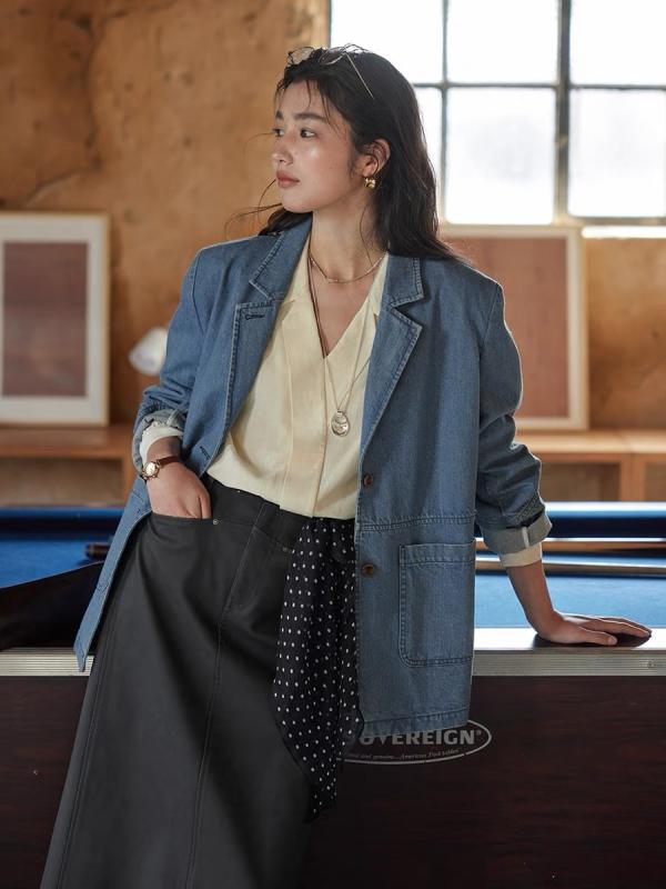 ジャケット レディース デニムジャケット テーラードジャケット アウター デニム 上着 羽織り 長袖 フレンチスタイル 欧米風 カジュアル ゆったり ルーズ ポケット 春秋 デニムコート ブルゾン ジージャン ジーシャン|GRATIQUE MIEI